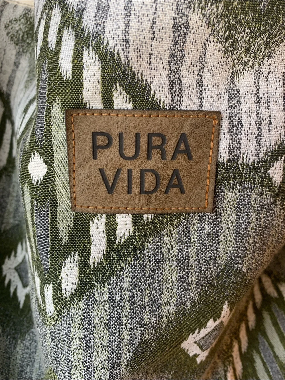 Delores Bags Pura Vida Olive Green Patterned Canvas Tote with Jute Base